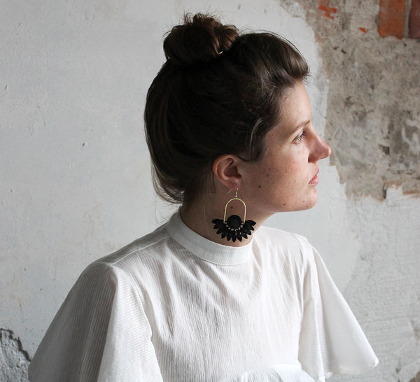 Black and brass floral earrings