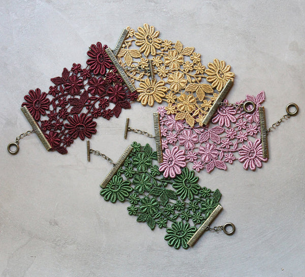 IONE wide floral lace statement cuff by White Owl Jewelry. Romantic victorian bracelet. Handmade lace jewelry, made in Metro Detroit.