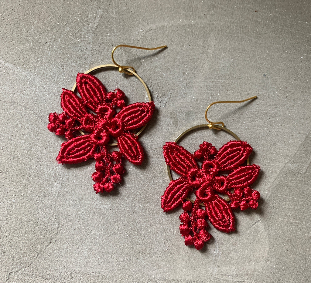 lily lace earrings cherry red