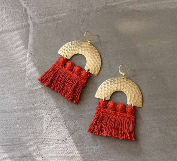 statement earrings, red earrings, brass statement earring